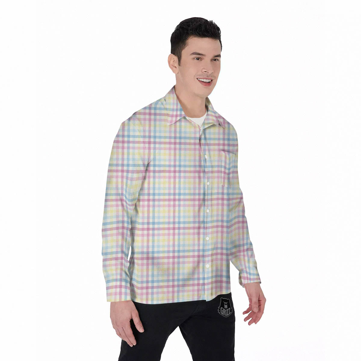 Pastel Plaid Cotton Candy Print Pattern Men's Long Sleeve Shirts-grizzshop