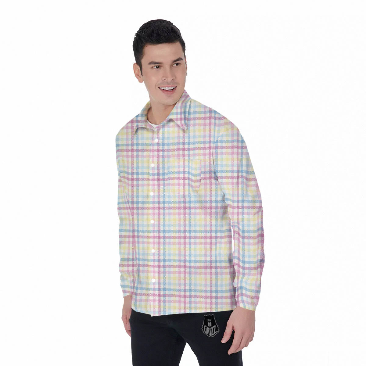 Pastel Plaid Cotton Candy Print Pattern Men's Long Sleeve Shirts-grizzshop