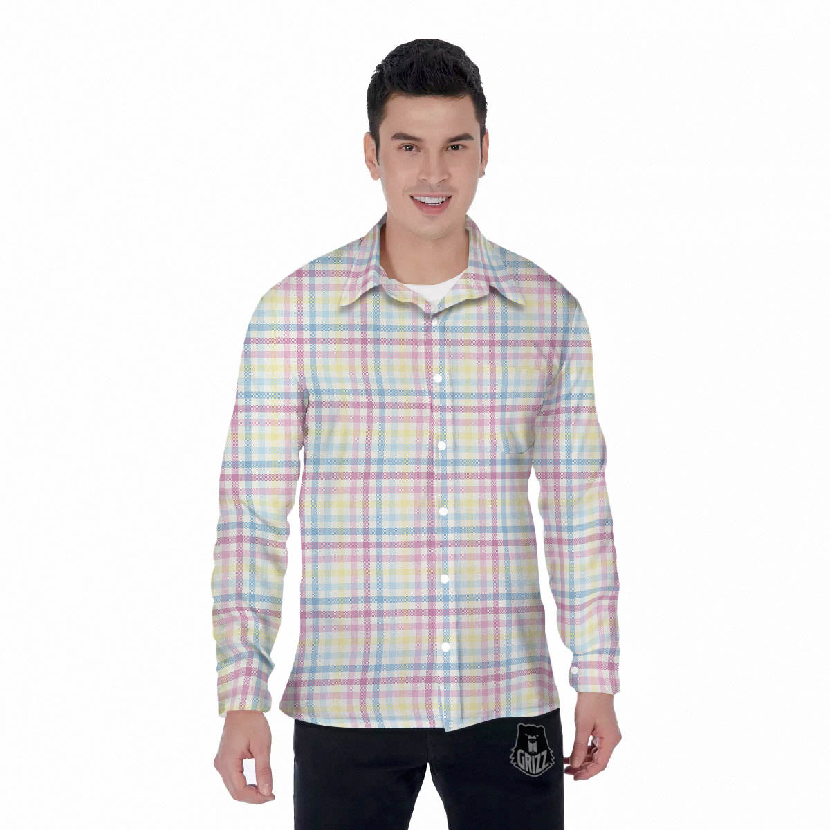 Pastel Plaid Cotton Candy Print Pattern Men's Long Sleeve Shirts-grizzshop