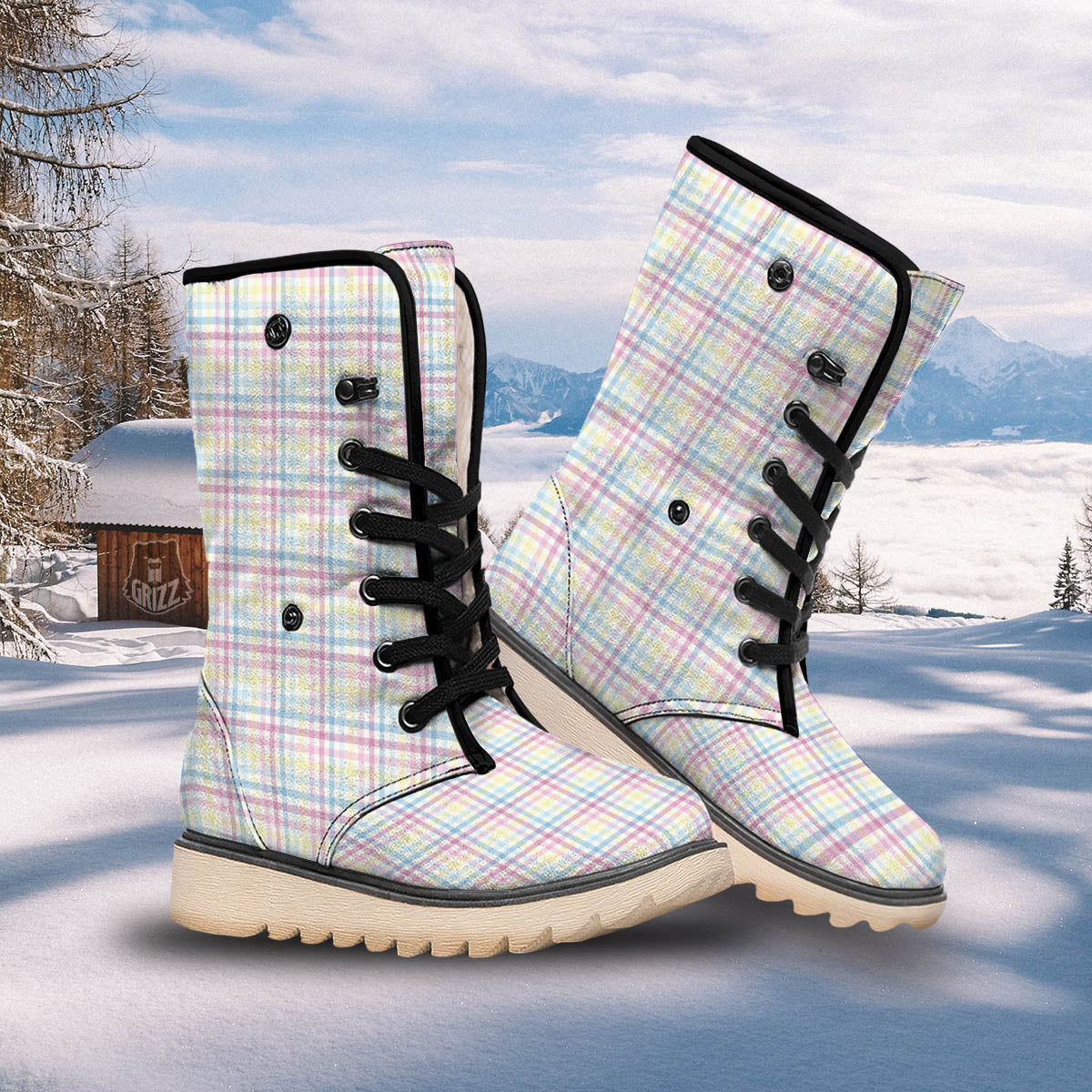 Pastel Plaid Cotton Candy Print Pattern Snow Boots-grizzshop