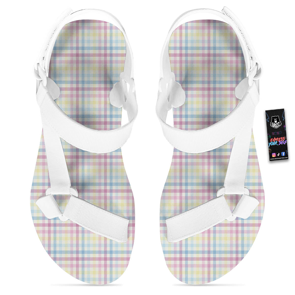 Pastel Plaid Cotton Candy Print Pattern White Open Toe Sandals-grizzshop