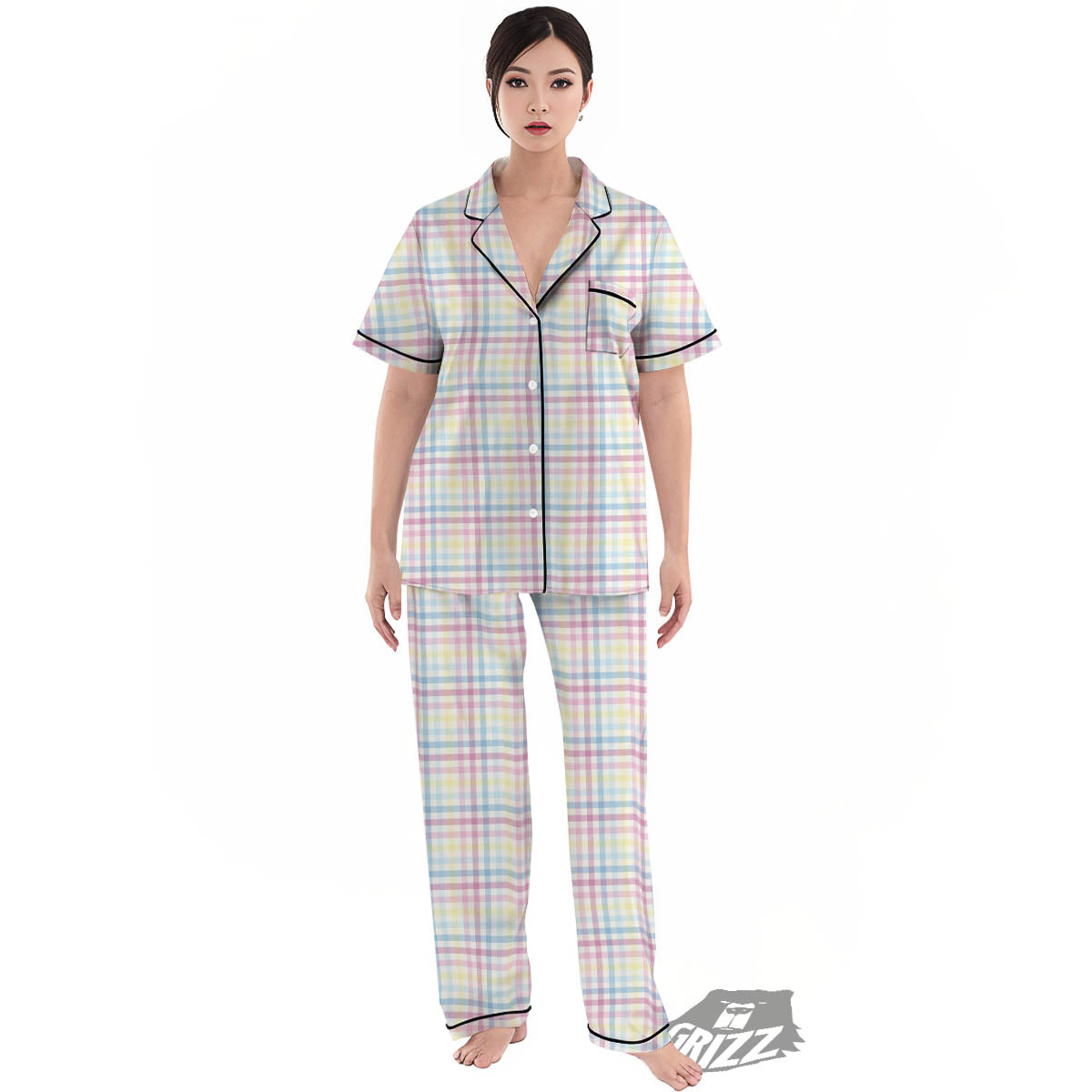 Pastel Plaid Cotton Candy Print Pattern Women's Pajamas Set-grizzshop