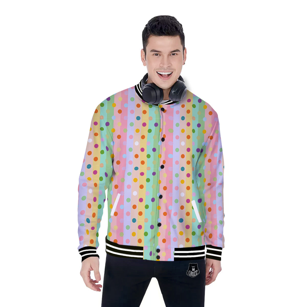 Pastel Polka Dots Print Pattern Baseball Jacket-grizzshop