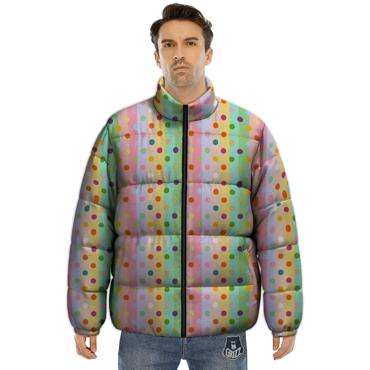 Pastel Polka Dots Print Pattern Puffer Jacket-grizzshop