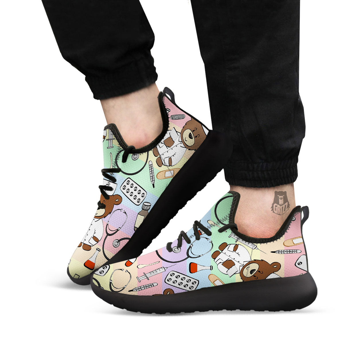 Pastel Teddy Bear Nurse Black Athletic Shoes-grizzshop