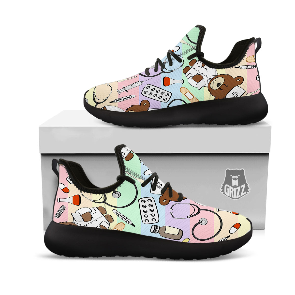 Pastel Teddy Bear Nurse Black Athletic Shoes-grizzshop