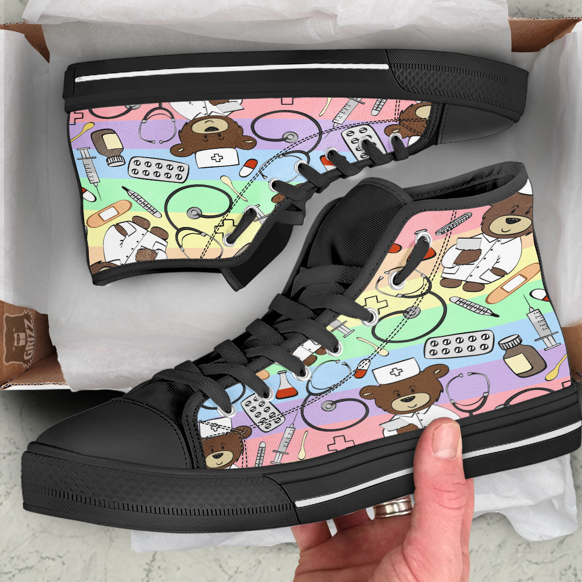 Pastel Teddy Bear Nurse Black High Top Shoes-grizzshop