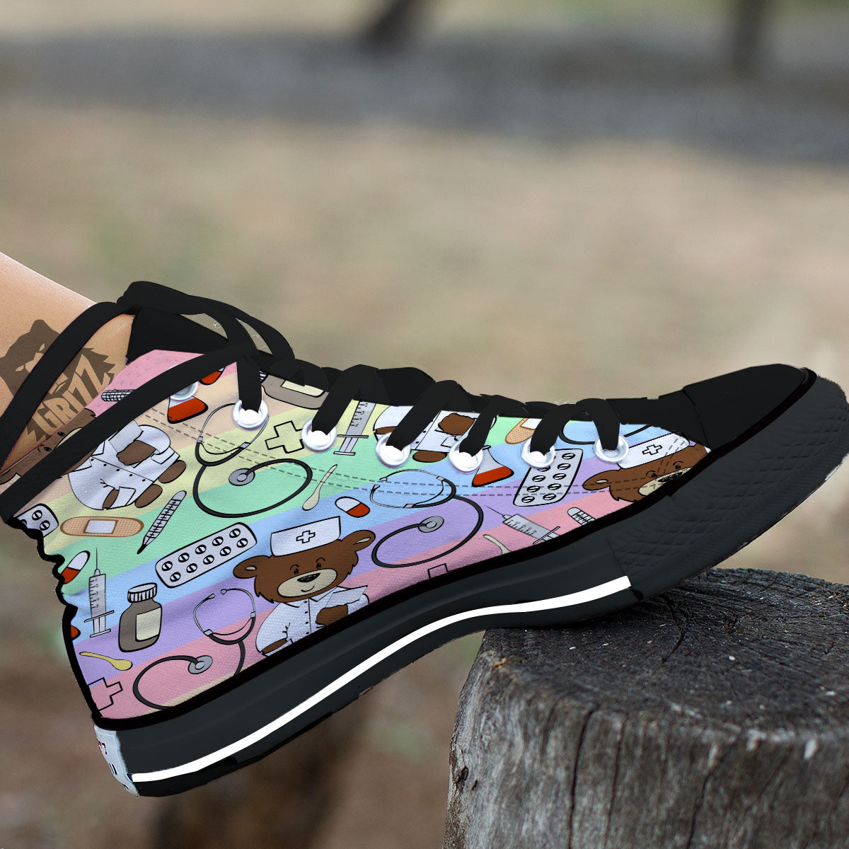 Pastel Teddy Bear Nurse Black High Top Shoes-grizzshop