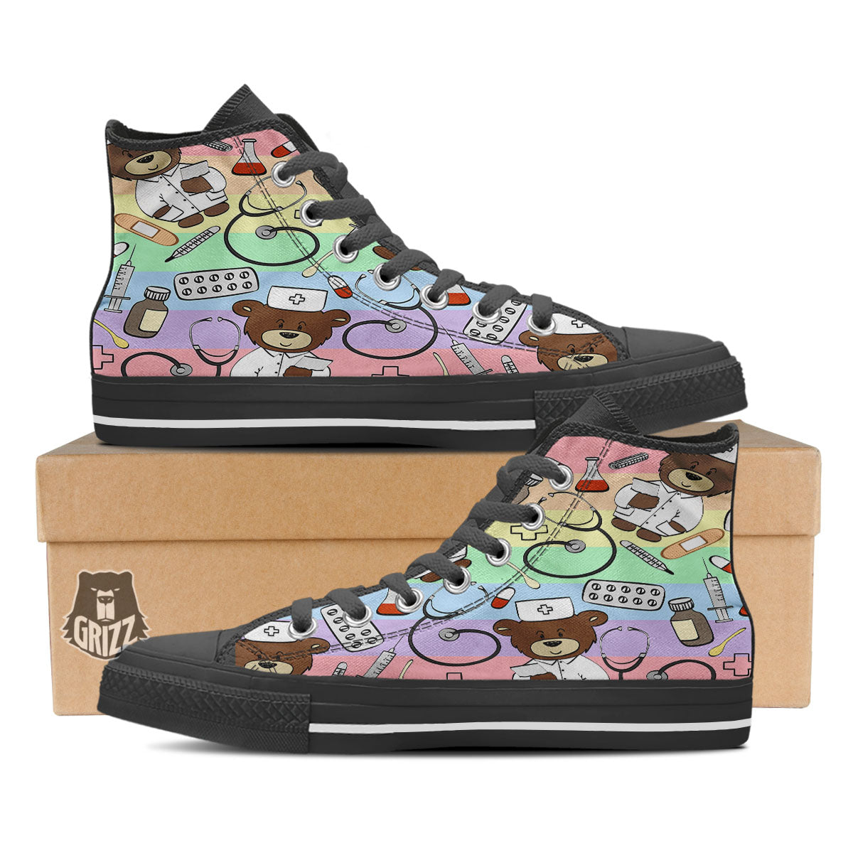 Pastel Teddy Bear Nurse Black High Top Shoes-grizzshop