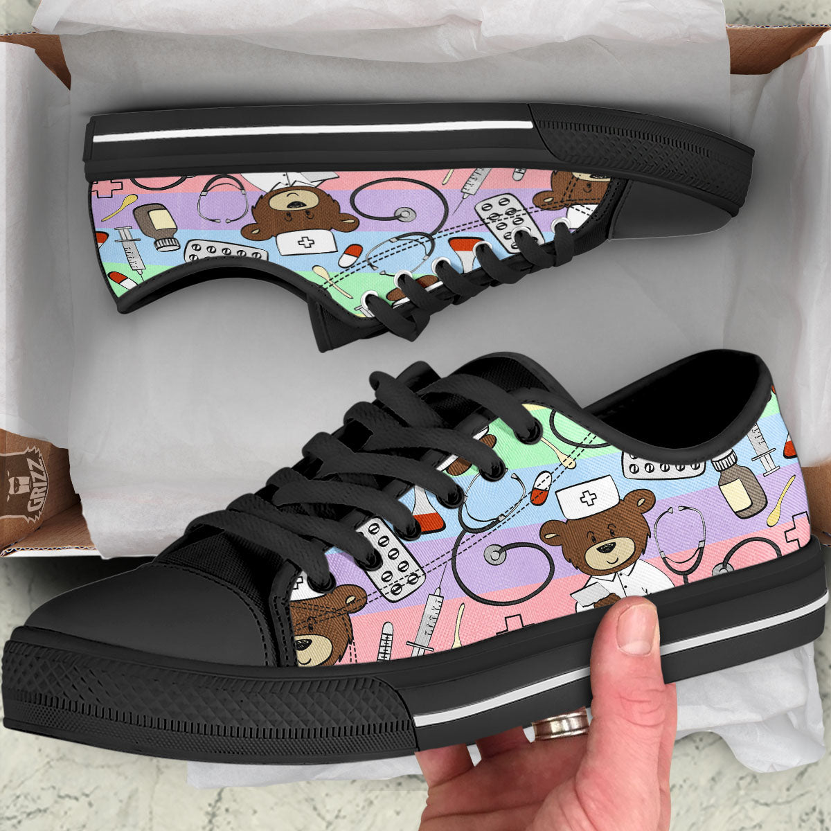 Pastel Teddy Bear Nurse Black Low Top Shoes-grizzshop
