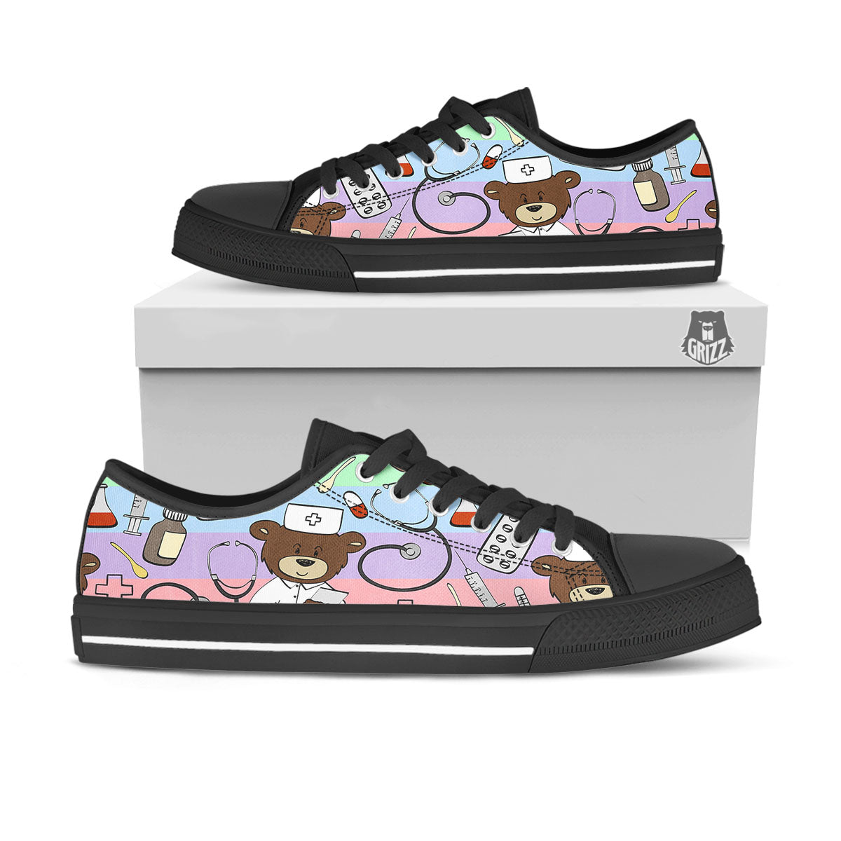 Pastel Teddy Bear Nurse Black Low Top Shoes-grizzshop