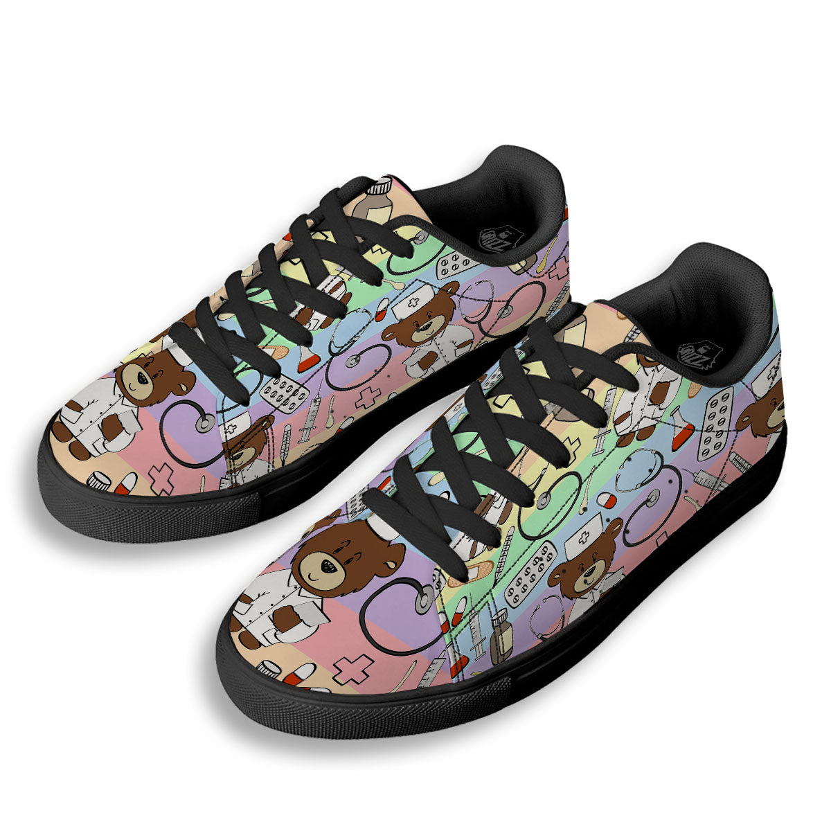 Pastel Teddy Bear Nurse Black Low Top Sneakers-grizzshop