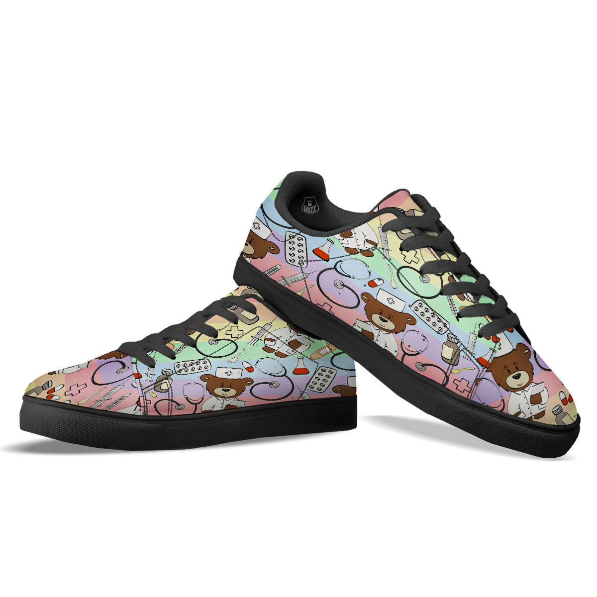 Pastel Teddy Bear Nurse Black Low Top Sneakers-grizzshop