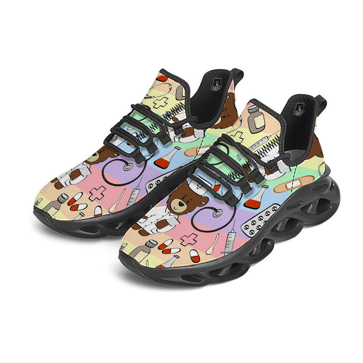 Pastel Teddy Bear Nurse Black Running Shoes-grizzshop