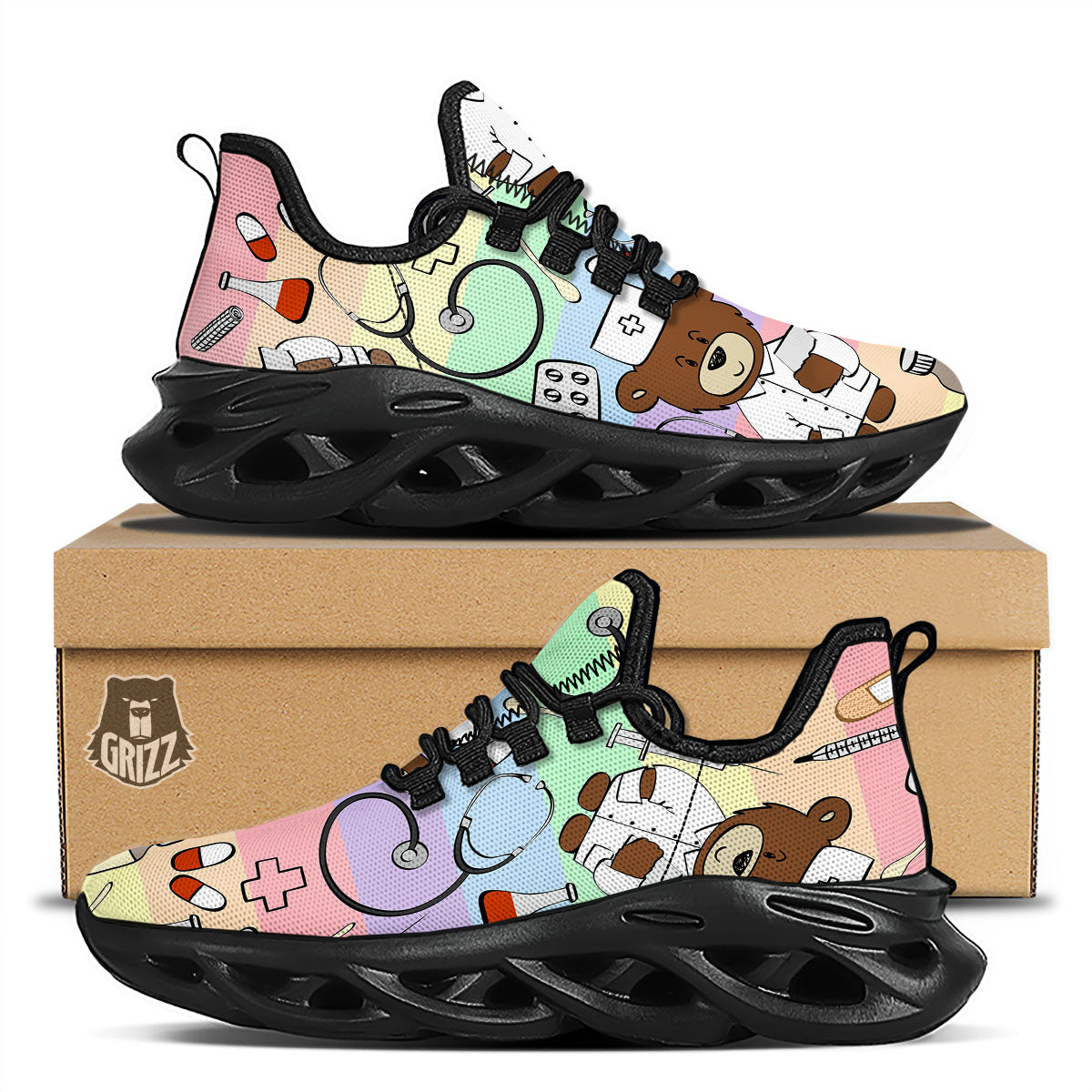 Pastel Teddy Bear Nurse Black Running Shoes-grizzshop