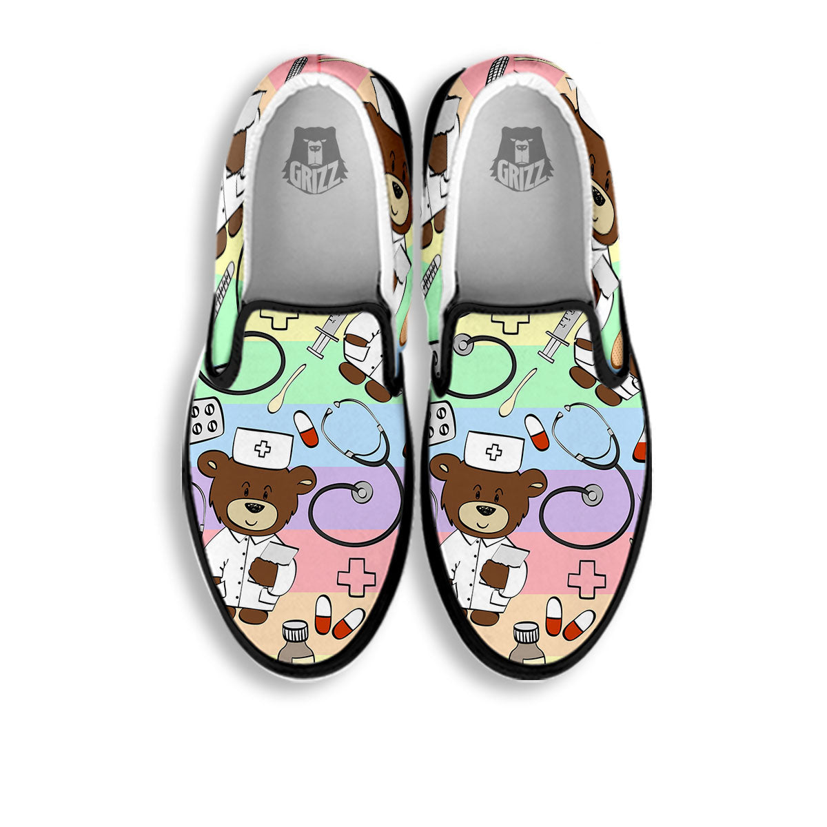 Pastel Teddy Bear Nurse Black Slip On Shoes-grizzshop