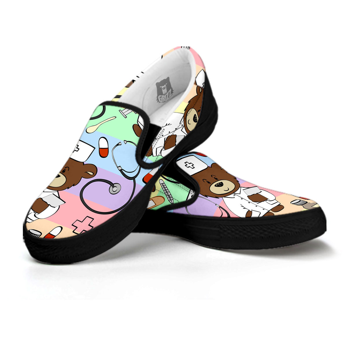 Pastel Teddy Bear Nurse Black Slip On Shoes-grizzshop