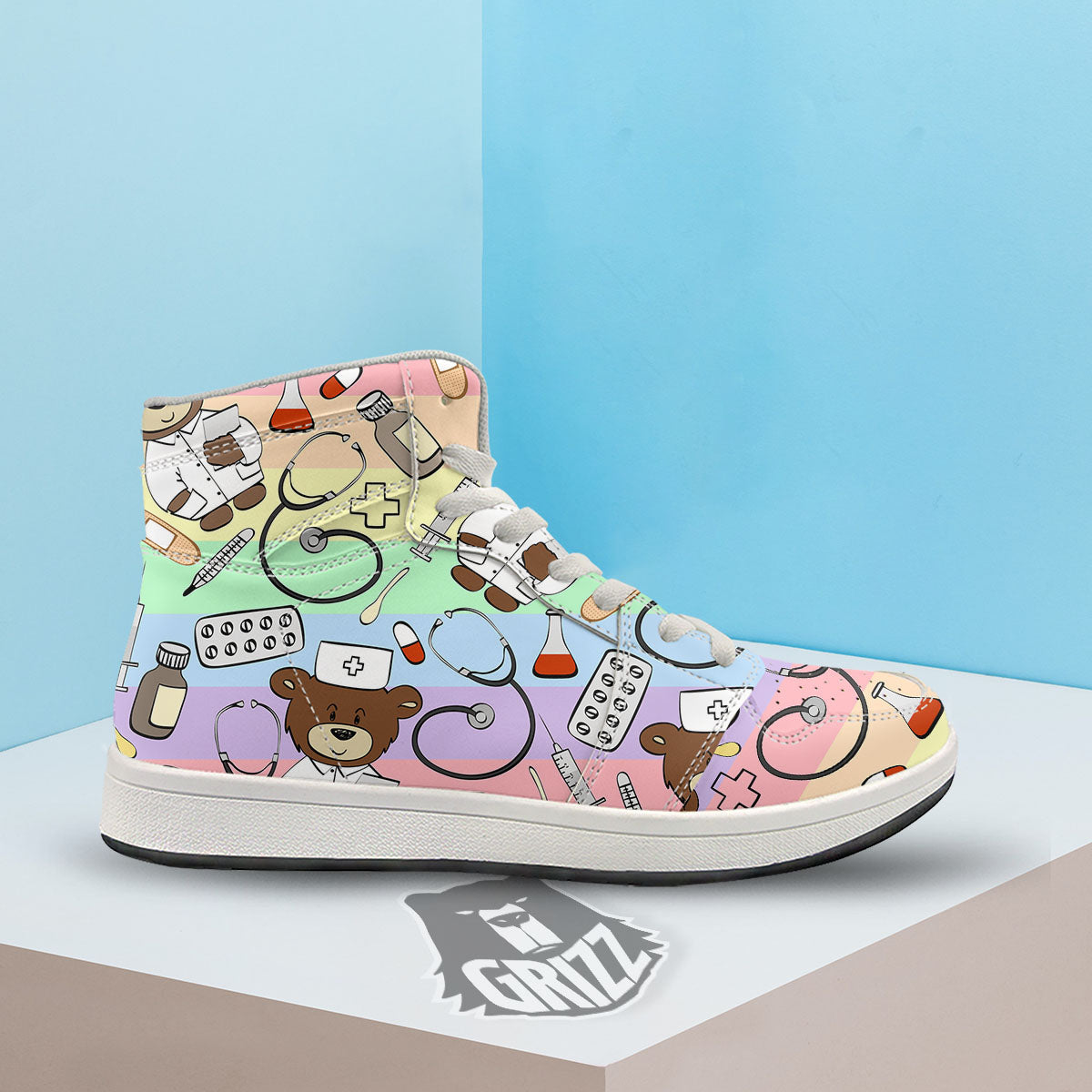 Pastel Teddy Bear Nurse High Top Sneakers-grizzshop
