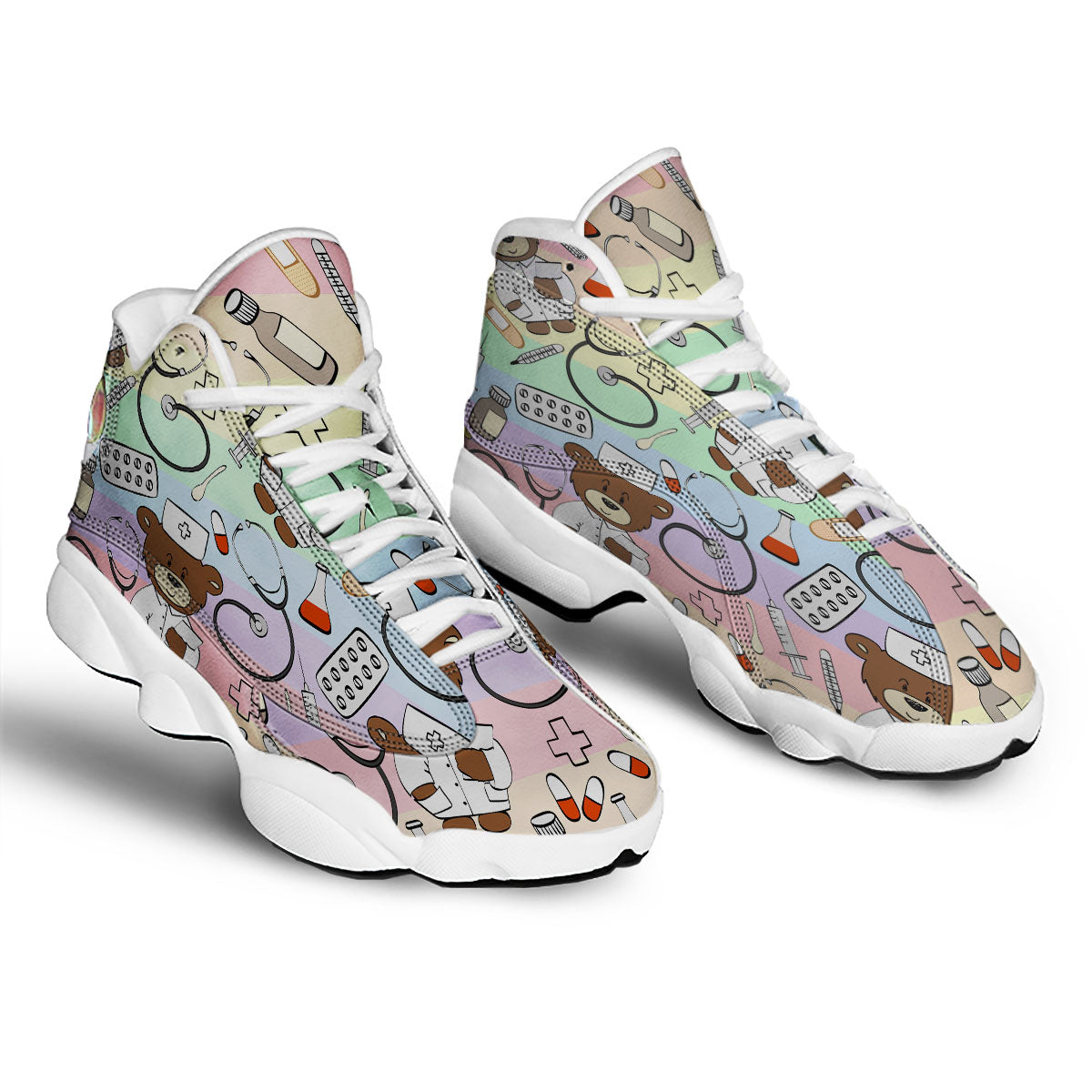Pastel Teddy Bear Nurse White Basketball Shoes-grizzshop