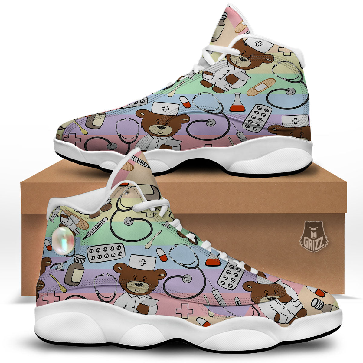 Pastel Teddy Bear Nurse White Basketball Shoes-grizzshop