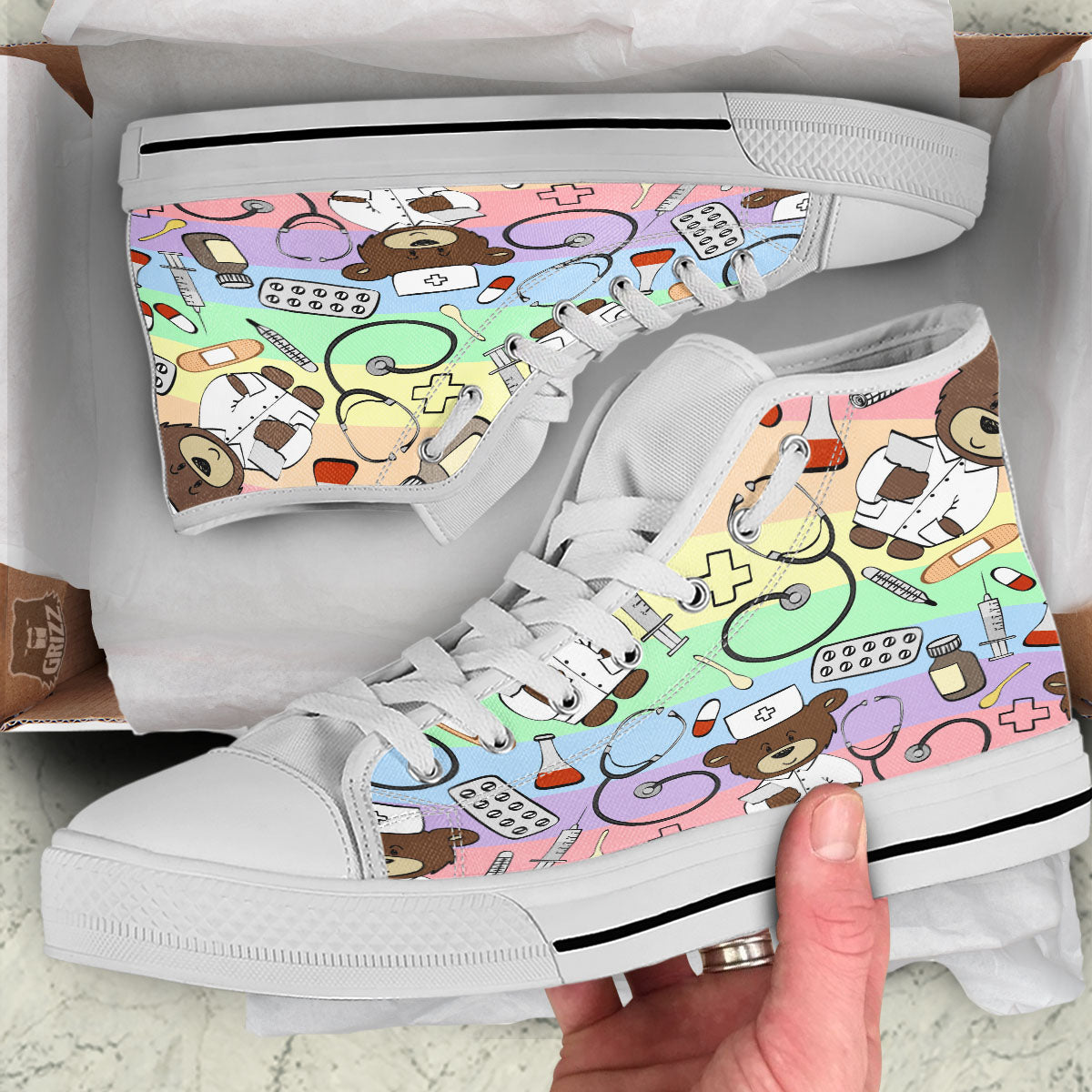 Pastel Teddy Bear Nurse White High Top Shoes-grizzshop