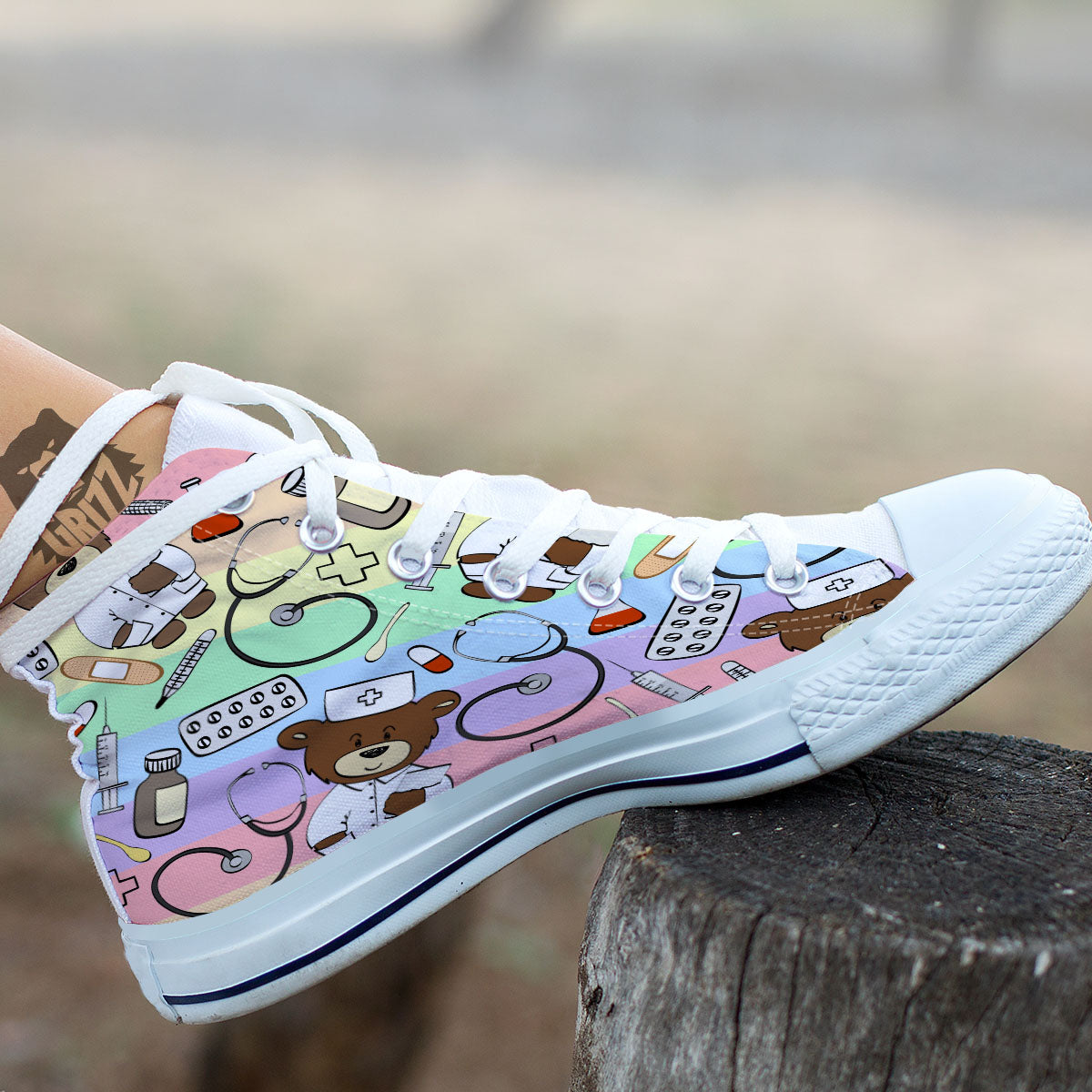Pastel Teddy Bear Nurse White High Top Shoes-grizzshop