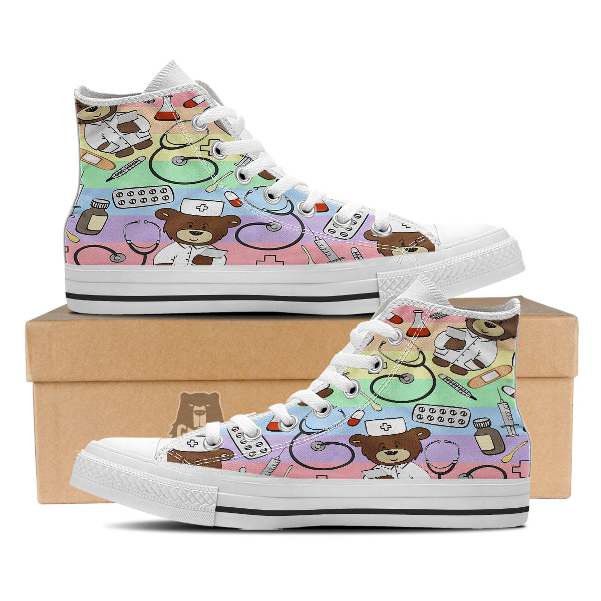 Pastel Teddy Bear Nurse White High Top Shoes-grizzshop