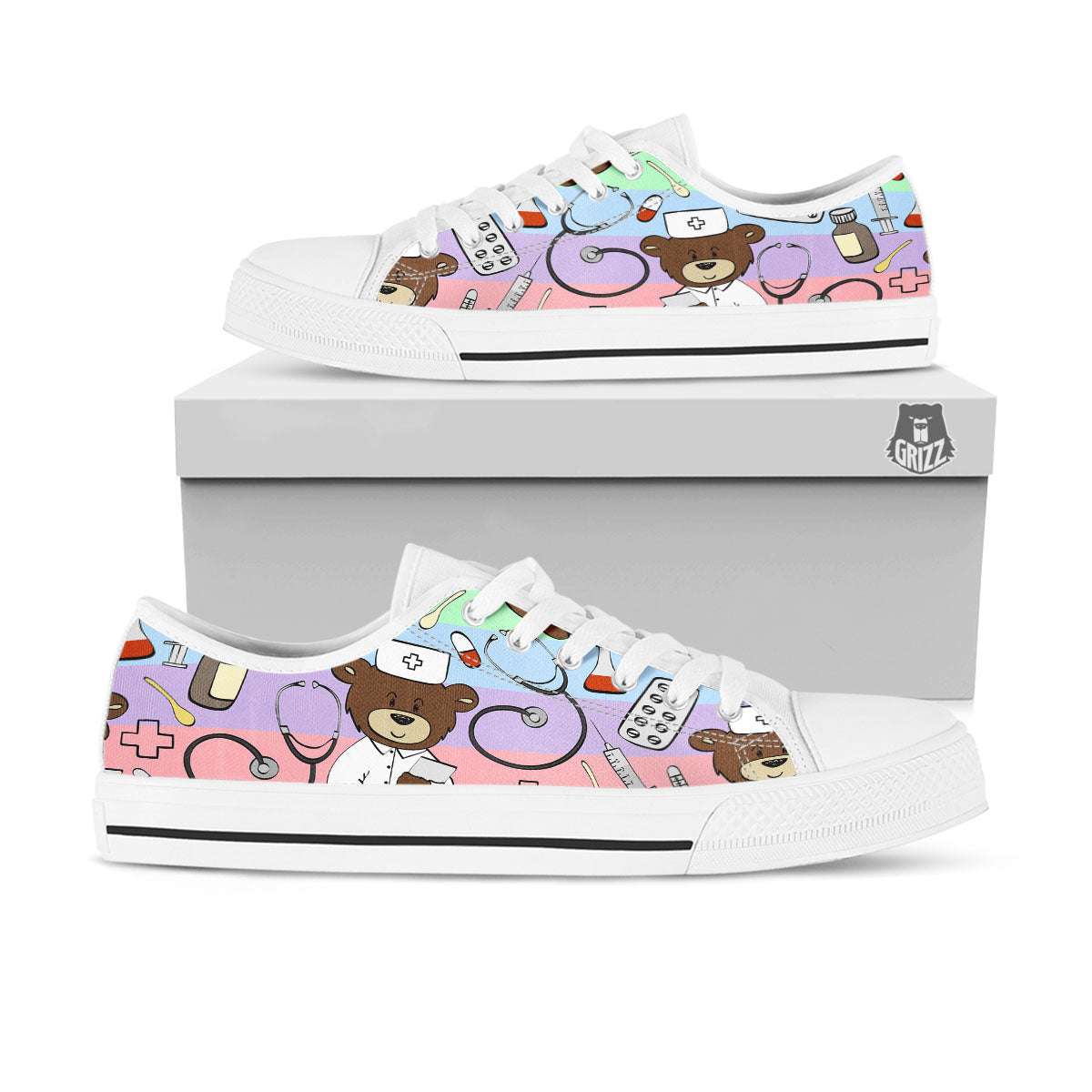 Pastel Teddy Bear Nurse White Low Top Shoes-grizzshop