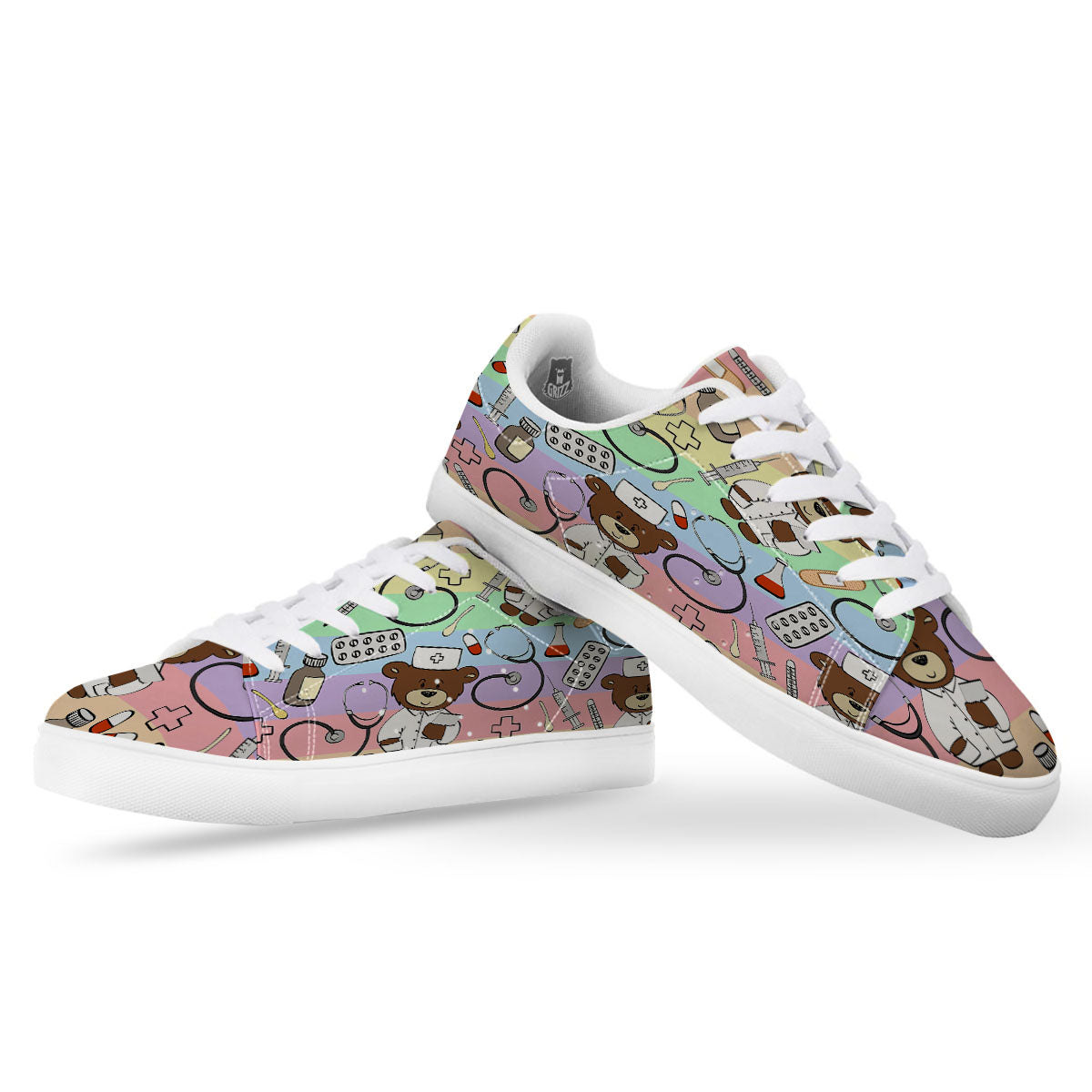 Pastel Teddy Bear Nurse White Low Top Sneakers-grizzshop
