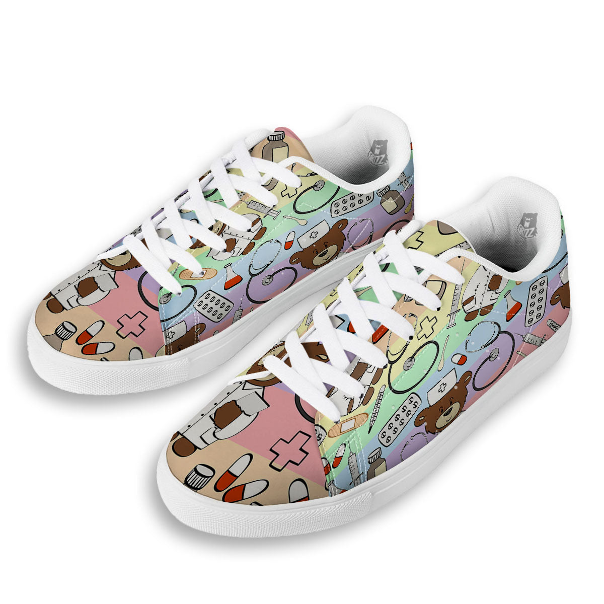 Pastel Teddy Bear Nurse White Low Top Sneakers-grizzshop