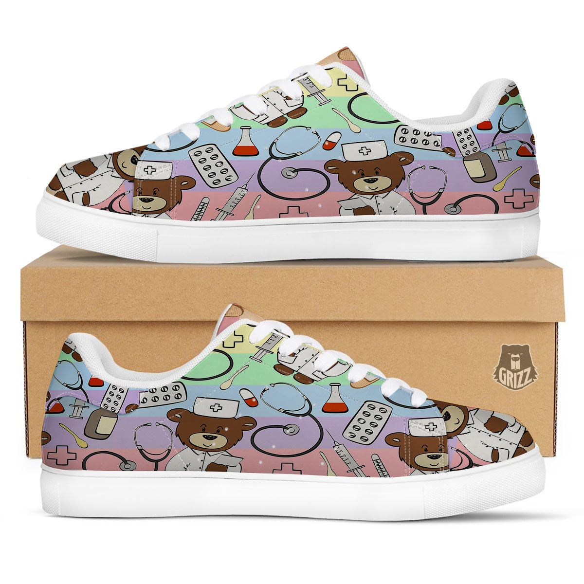 Pastel Teddy Bear Nurse White Low Top Sneakers-grizzshop