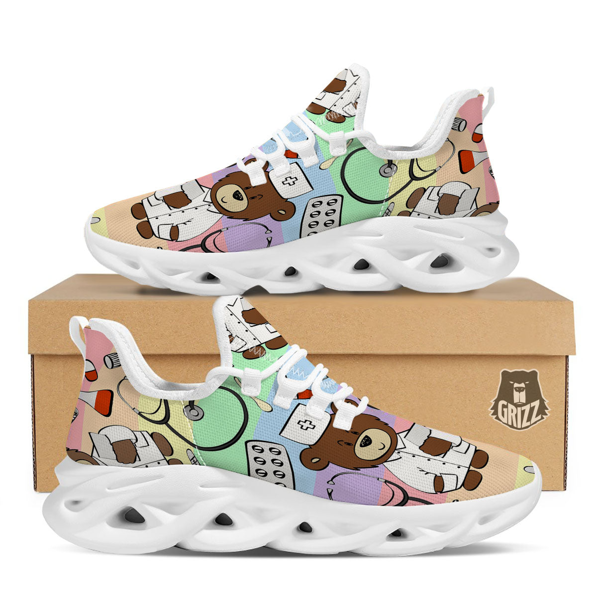 Pastel Teddy Bear Nurse White Running Shoes-grizzshop