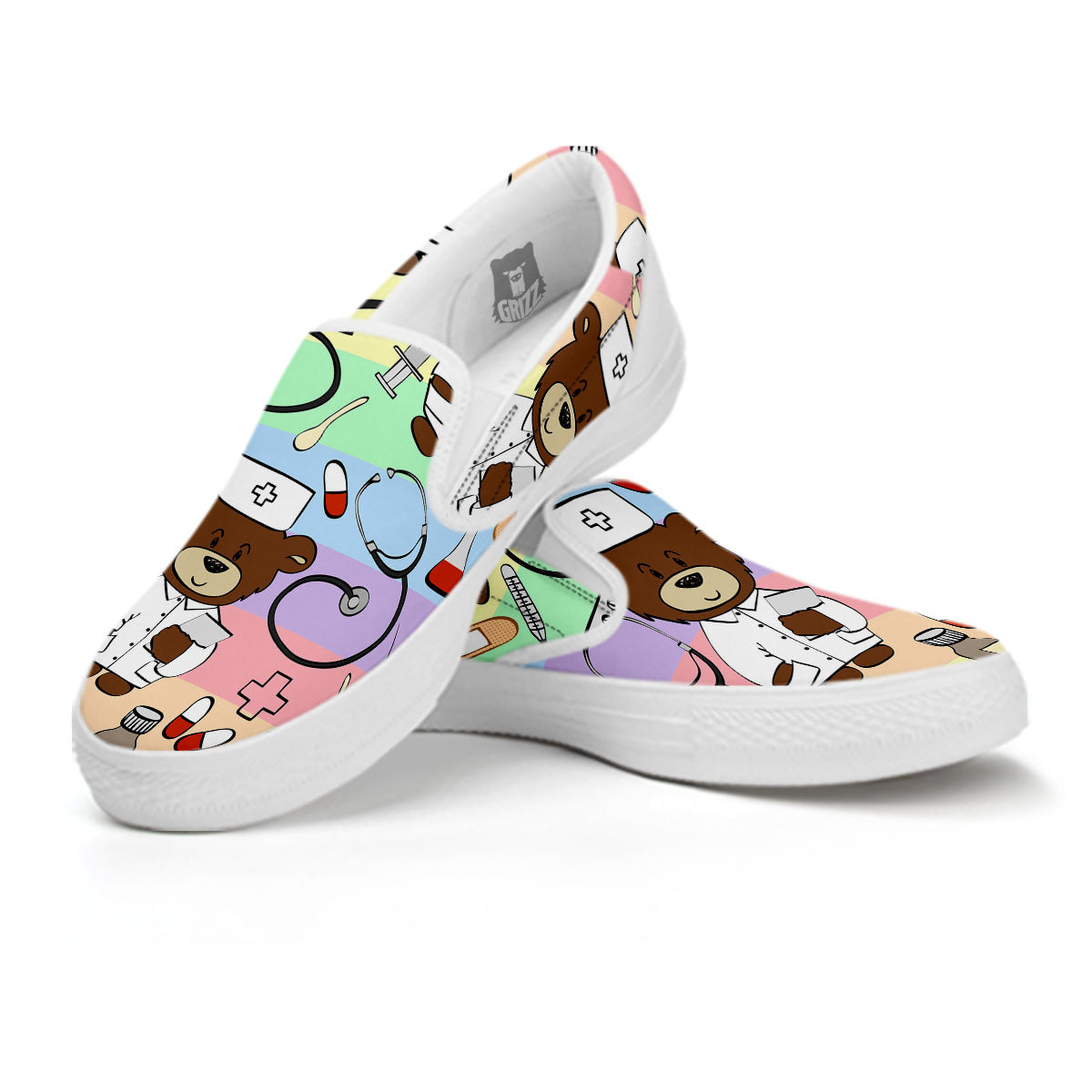 Pastel Teddy Bear Nurse White Slip On Shoes-grizzshop