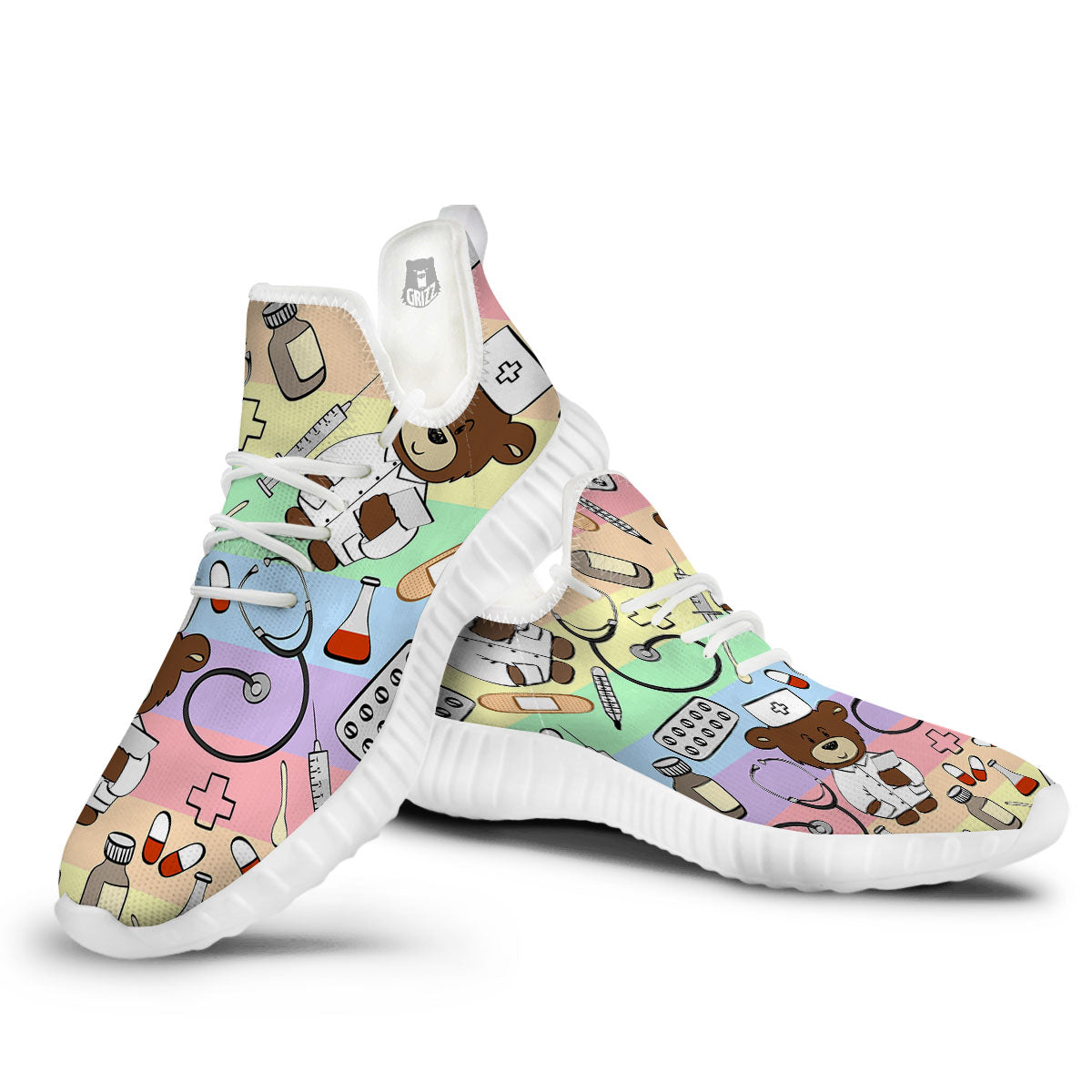Pastel Teddy Bear Nurse White Walking Shoes-grizzshop