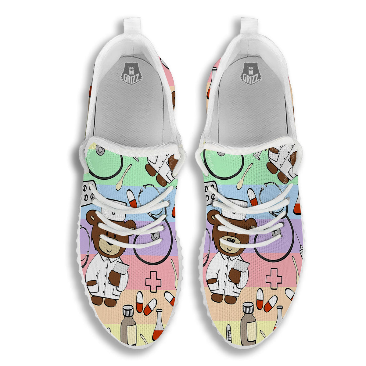 Pastel Teddy Bear Nurse White Walking Shoes-grizzshop