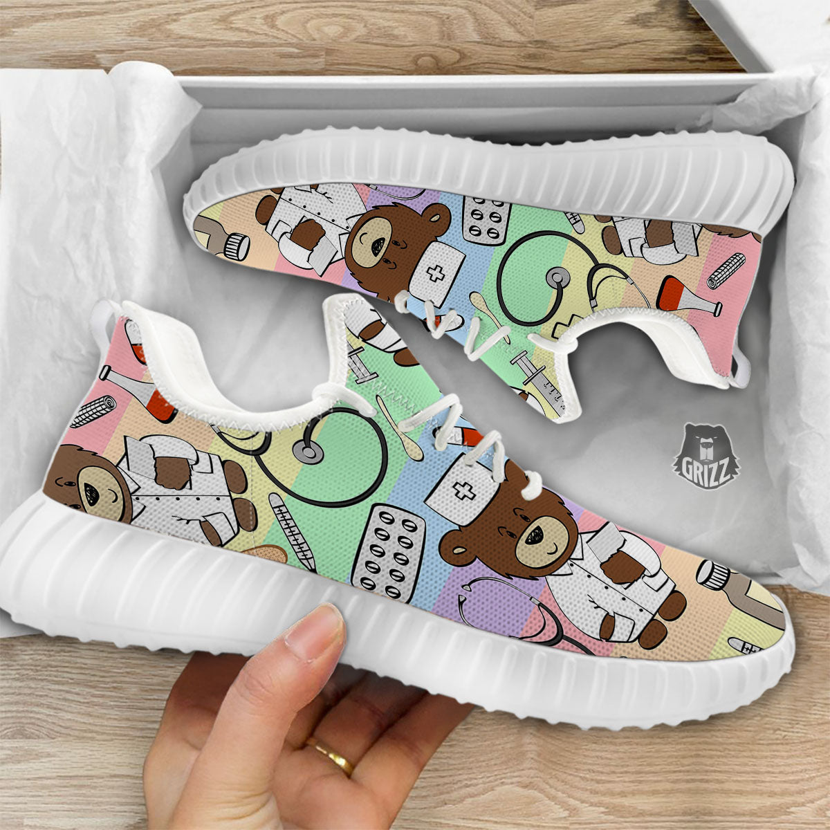 Pastel Teddy Bear Nurse White Walking Shoes-grizzshop