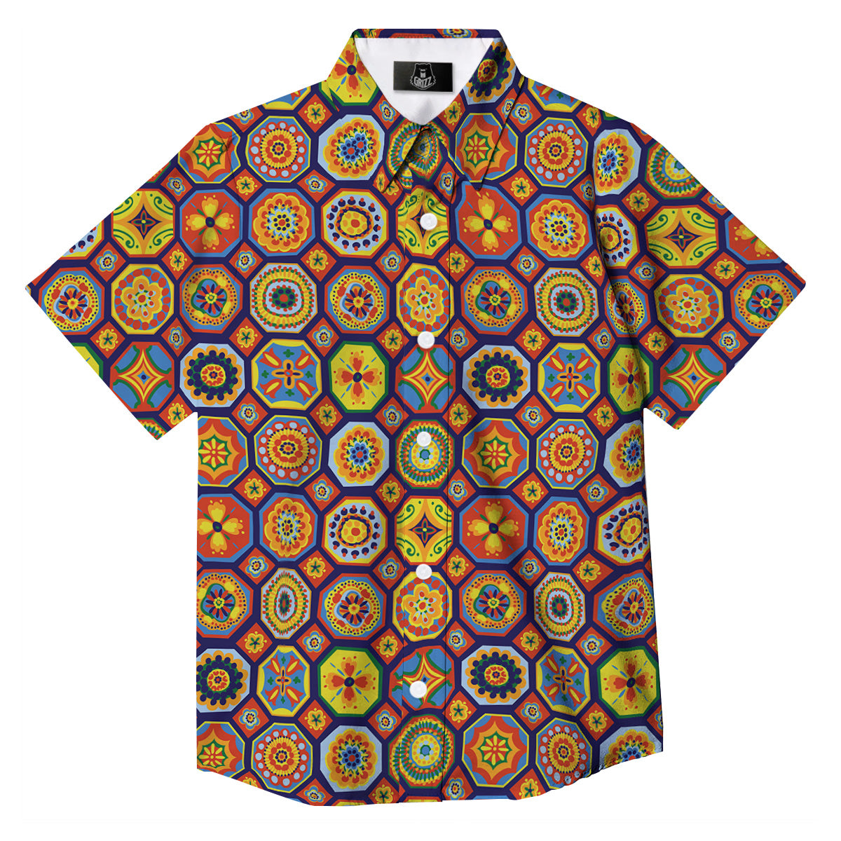 Patchwork Abstract Floral Colorful Print Pattern Button Up Shirt-grizzshop