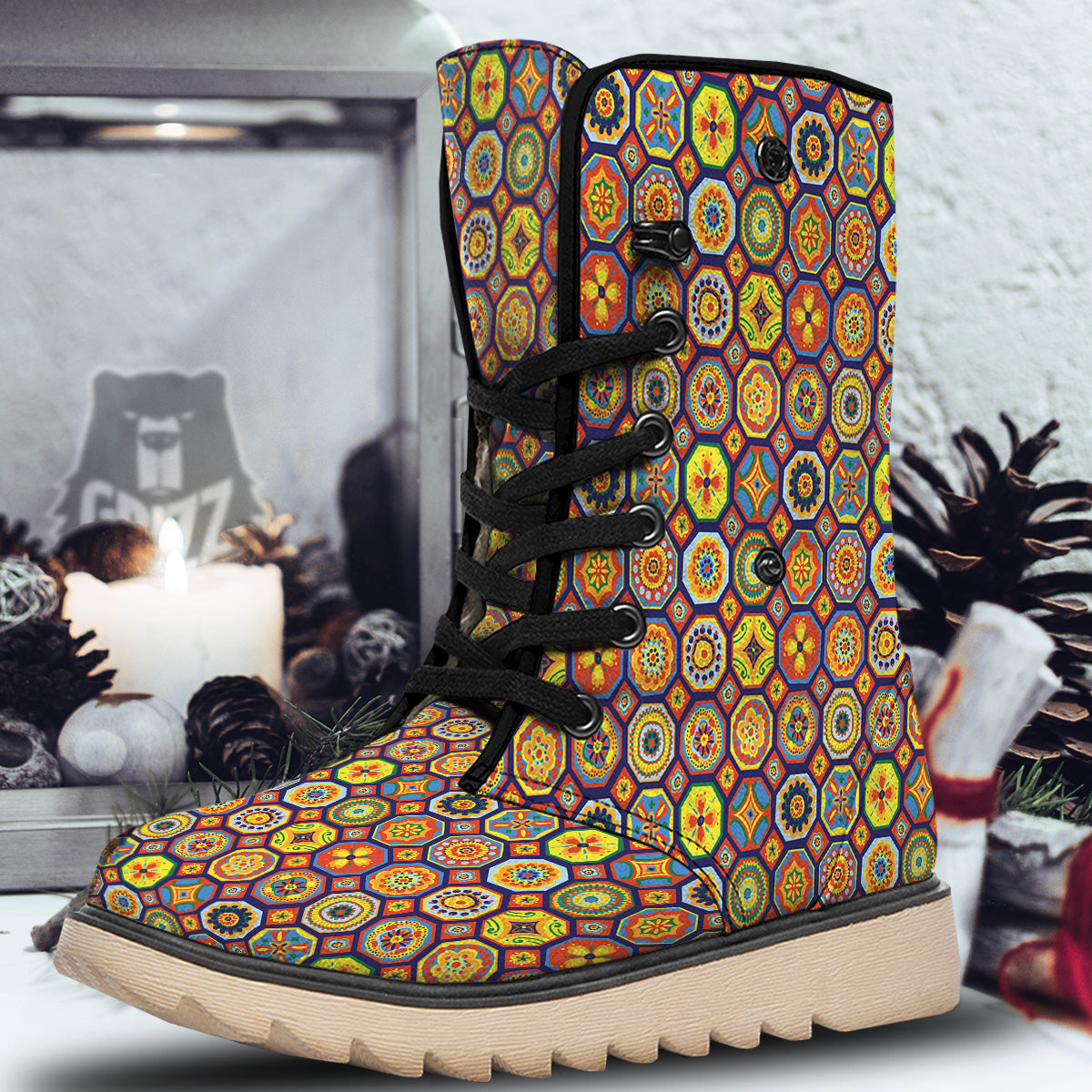 Patchwork Abstract Floral Colorful Print Pattern Snow Boots-grizzshop