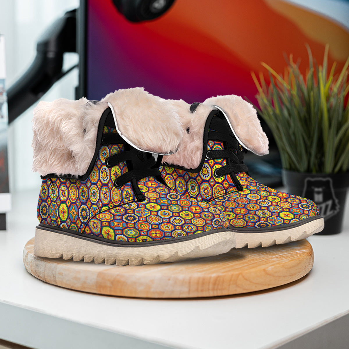 Patchwork Abstract Floral Colorful Print Pattern Snow Boots-grizzshop