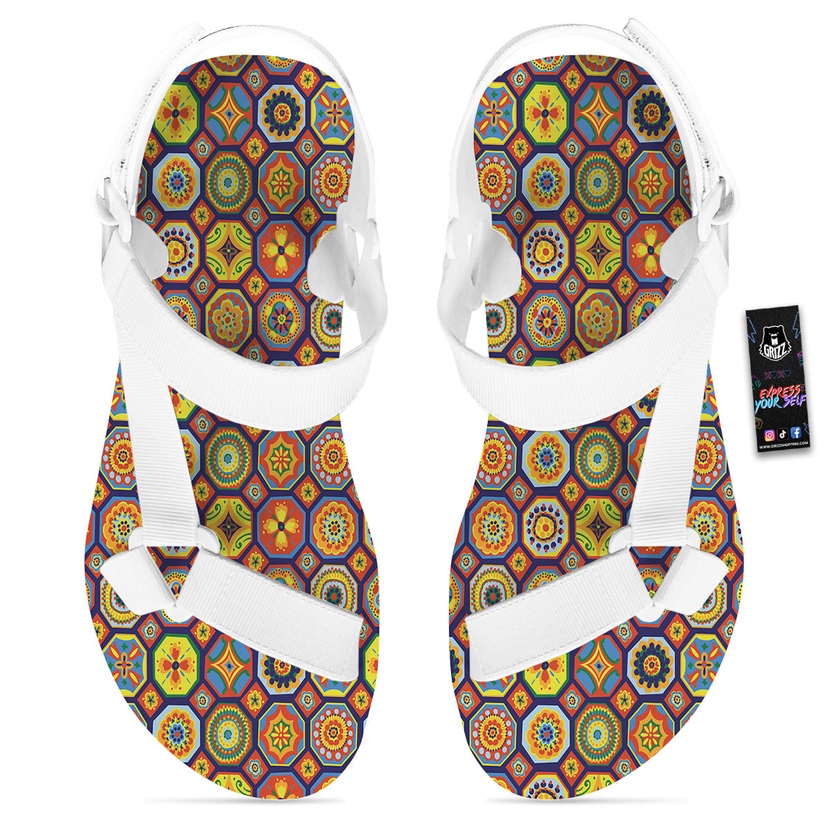 Patchwork Abstract Floral Colorful Print Pattern White Open Toe Sandals-grizzshop