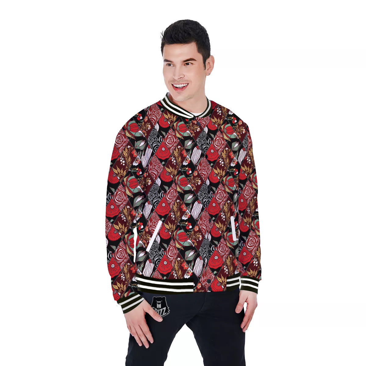 Patchwork Abstract Flower Print Pattern Baseball Jacket-grizzshop