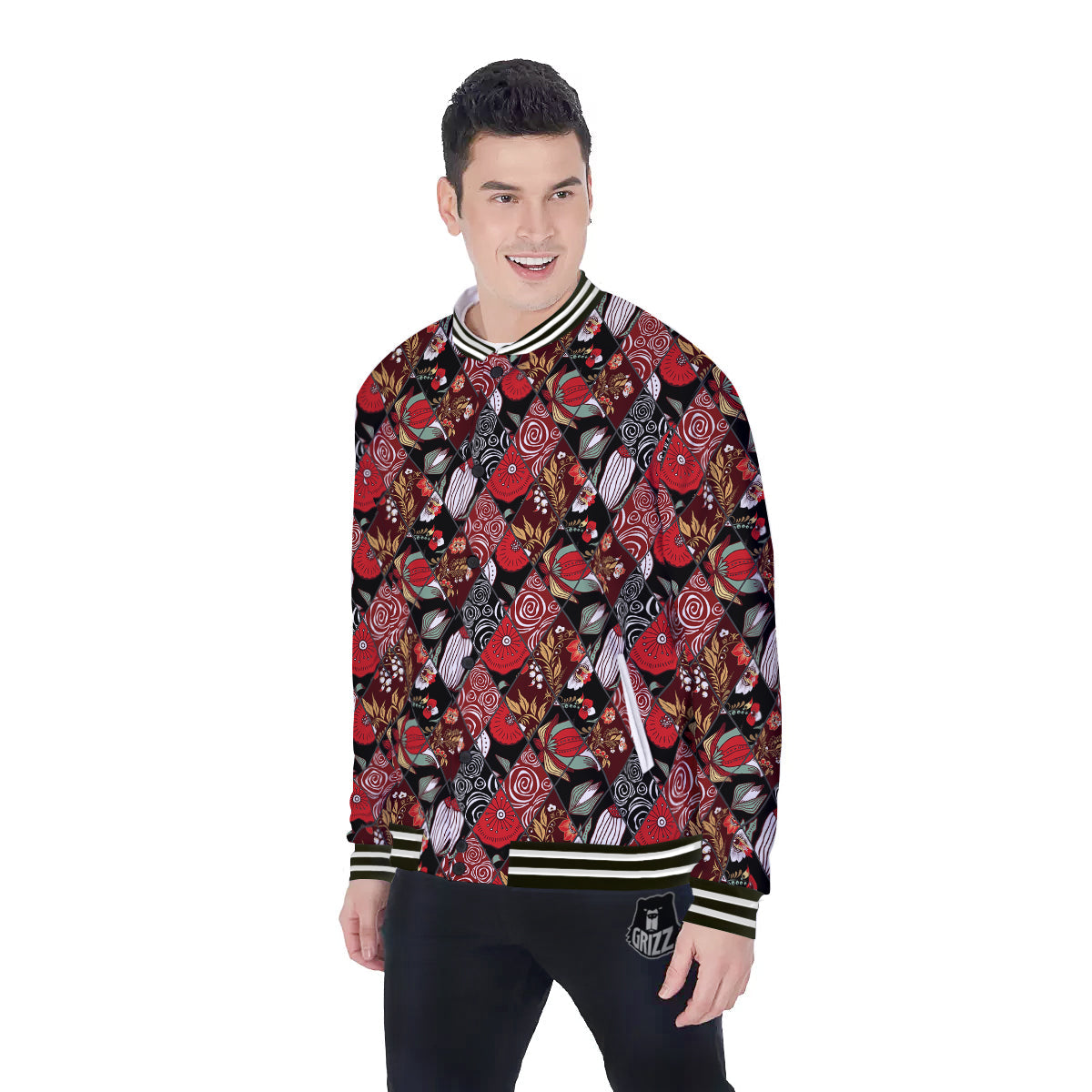 Patchwork Abstract Flower Print Pattern Baseball Jacket-grizzshop