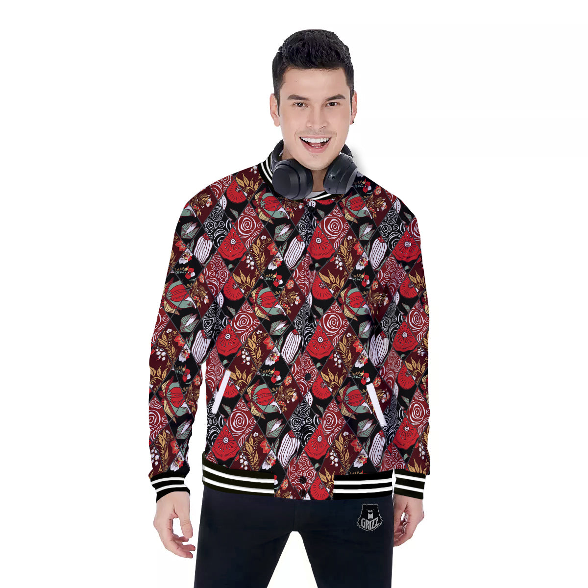 Patchwork Abstract Flower Print Pattern Baseball Jacket-grizzshop