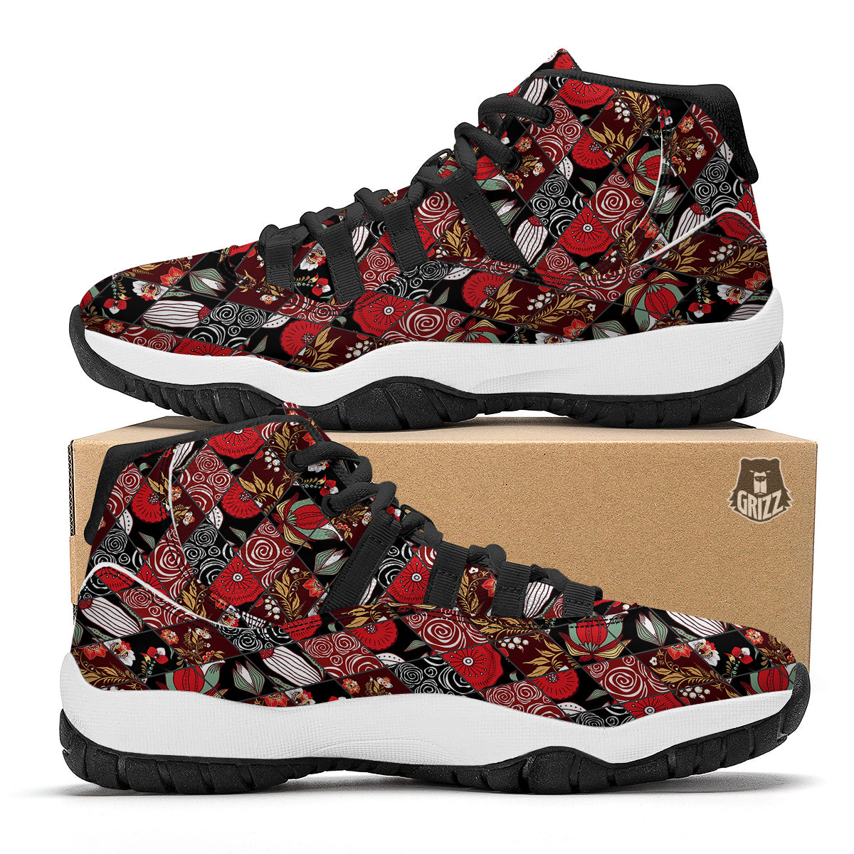 Patchwork Abstract Flower Print Pattern Black Bball Shoes-grizzshop