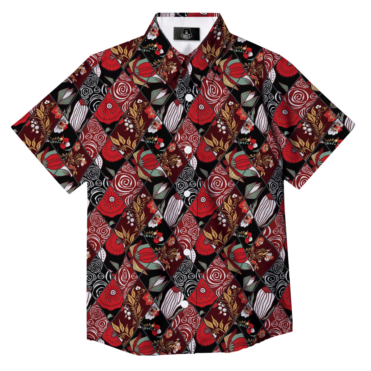 Patchwork Abstract Flower Print Pattern Button Up Shirt-grizzshop