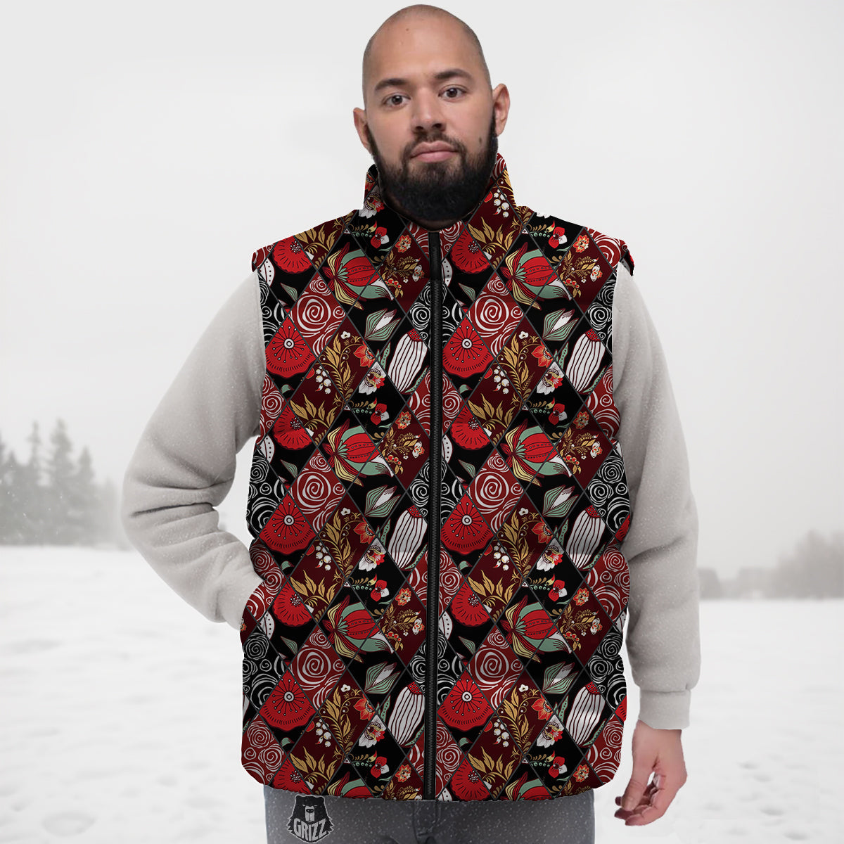 Patchwork Abstract Flower Print Pattern Down Vest