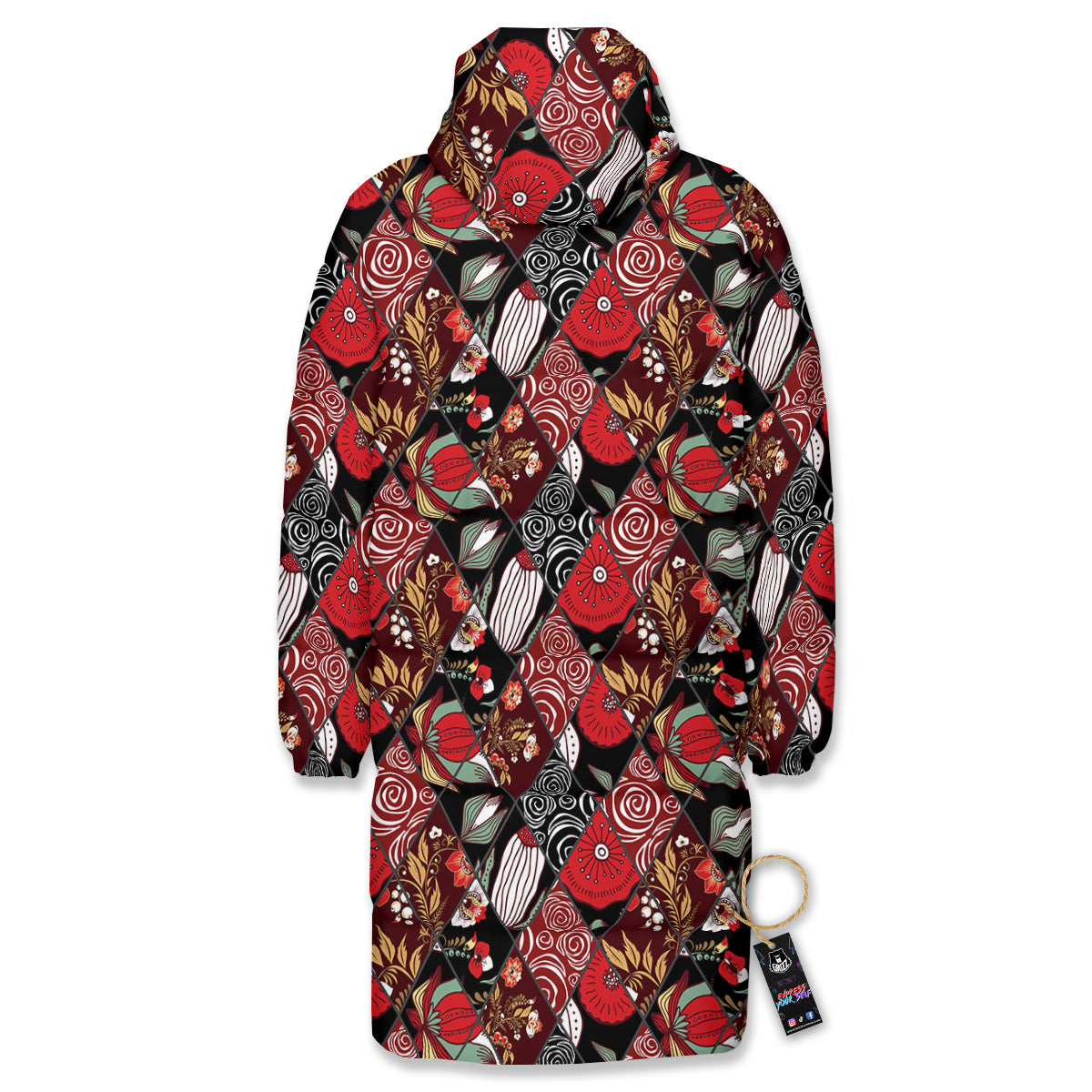 Patchwork Abstract Flower Print Pattern Long Down Jacket-grizzshop