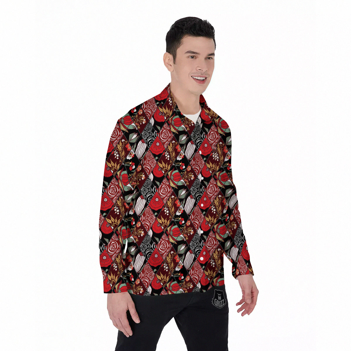 Patchwork Abstract Flower Print Pattern Men's Long Sleeve Shirts-grizzshop