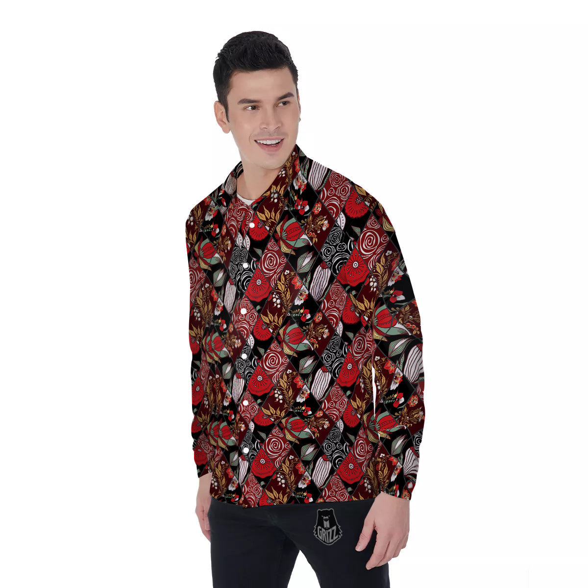 Patchwork Abstract Flower Print Pattern Men's Long Sleeve Shirts-grizzshop
