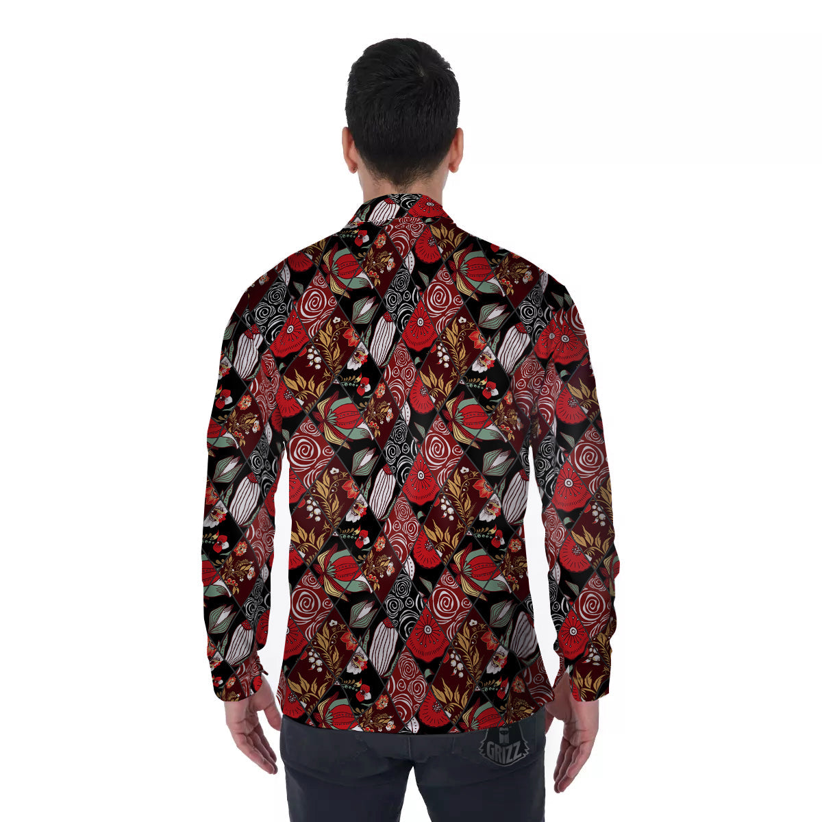 Patchwork Abstract Flower Print Pattern Men's Long Sleeve Shirts-grizzshop
